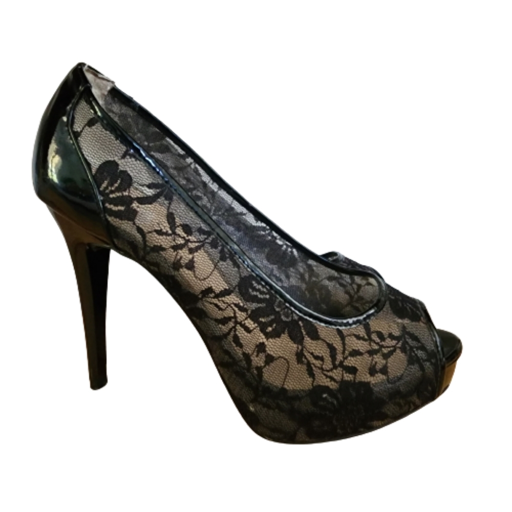 Guess Black Mesh Peep Toe Platform Heels size 7.5